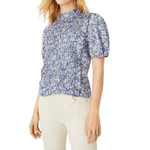 Ann Taylor Blue Floral Smocked Ruffle Neck Puff Sleeve Blouse XL